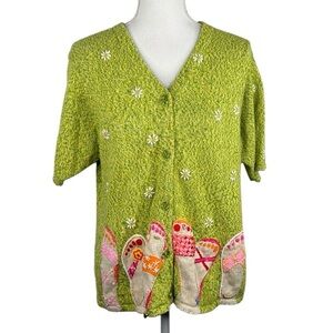 Fisher Hill Green Beaded Sandal Floral Embroidered Button Down Sweater Size XL